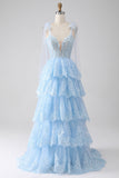 Tiered Tulle Sweetheart Bow Tie Straps Blue Sequin Prom Dress with Appliques