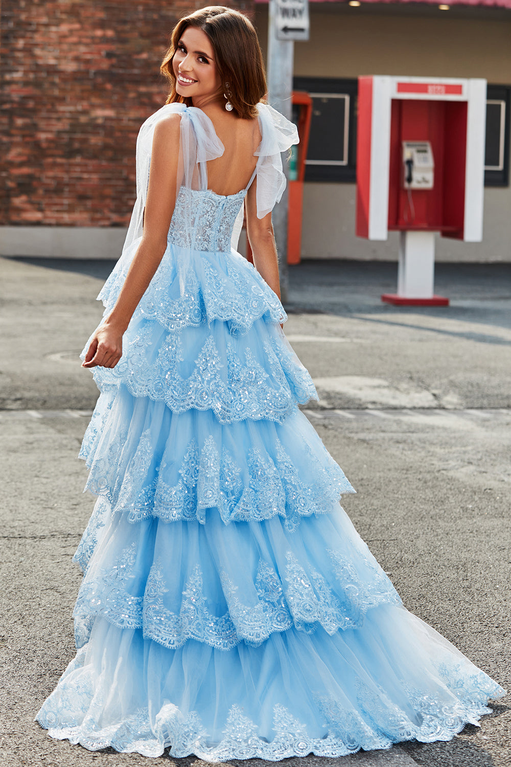 light blue sweetheart prom dress Cute A Line Sweetheart Light Blue Ruffle Tiered Long Prom Dress with Slit