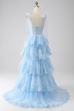 Tiered Tulle Sweetheart Bow Tie Straps Blue Sequin Prom Dress with Appliques