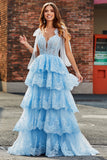 Tiered Tulle Sweetheart Bow Tie Straps Blue Sequin Prom Dress with Appliques