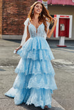 Light Blue Sweetheart Bow Tie Straps Tiered Tulle Sequin Prom Dress with Appliques