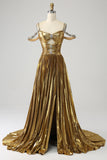 Stunning A Line Off the Shoulder Gold Long Prom Dress with Keyhole