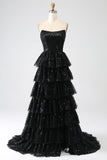 Stylish A Line Strapless Black Sequins Long Prom Dress with Ruffles