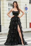 A-Line Sequins Black Tiered Prom Dress with Slit