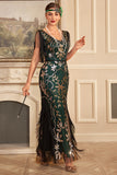 Green Golden Sheath V Neck Sequins Long 1920s Flapper Dress with Fringes