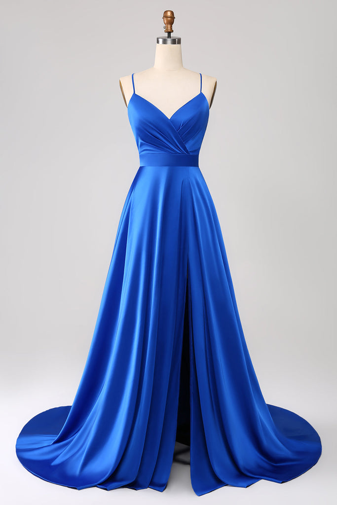 ZAPAKA Women Royal Blue Long Satin Prom Dress with Slit A Line ...