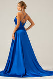 Royal Blue A Line Spaghetti Straps Satin Long Prom Bridesmaid Dress with Slit