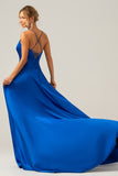 Royal Blue A Line Spaghetti Straps Satin Long Prom Bridesmaid Dress with Slit
