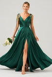 Dark Green A-Line Ruched Long Bridesmaid Dress with Slit