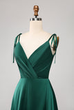 Simple Dark Green Spaghetti Straps Ruched Prom Dress with Slit