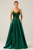 Sparkly Dark Green A-Line Spaghetti Straps Long Prom Dress with Pockets