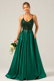 Sparkly Dark Green A-Line Spaghetti Straps Long Prom Dress with Pockets