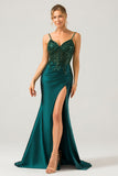 Sparkly Dark Green Mermaid Sequin Pleated Corset Prom Dress With Slit
