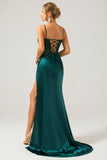 Sparkly Dark Green Mermaid Sequin Pleated Corset Prom Dress With Slit