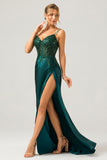 Sparkly Dark Green Mermaid Sequin Pleated Corset Long Prom Dress With Slit