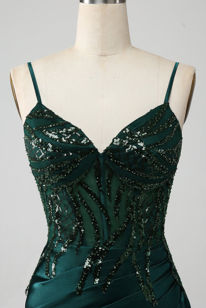 ZAPAKA Women Sparkly Dark Green Prom Dress Mermaid Spaghetti Straps