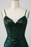 Sparkly Dark Green Mermaid Sequin Pleated Corset Prom Dress With Slit