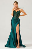 Sparkly Dark Green Mermaid Sequin Pleated Corset Prom Dress With Slit