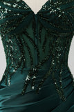 Sparkly Dark Green Mermaid Sequin Pleated Corset Prom Dress With Slit
