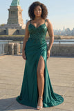 Sparkly Dark Green Mermaid Corset Sequin Plus Size Prom Dress with Slit