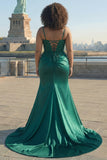 Sparkly Dark Green Mermaid Corset Sequin Plus Size Prom Dress with Slit