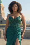 Sparkly Dark Green Mermaid Corset Sequin Plus Size Prom Dress with Slit