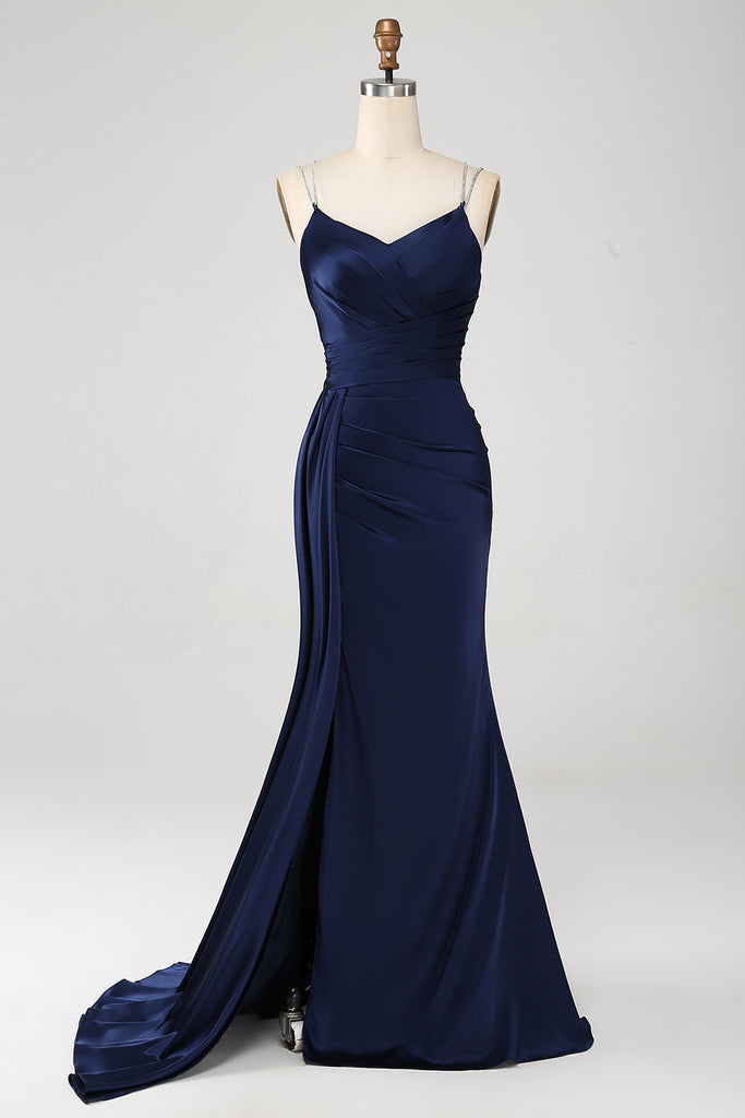 ZAPAKA Women Navy Prom Dress Mermaid Spaghetti Straps Pleated Corset