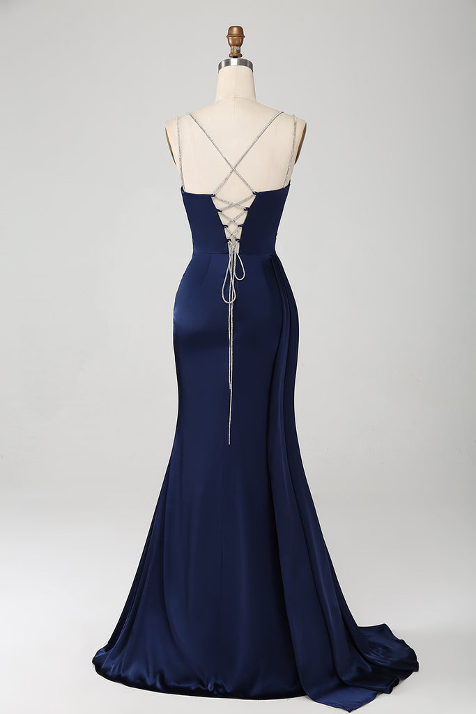 Scoop Neck Mermaid Pleated Spaghetti Straps Dress Ink Blue main image 1