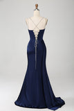 Navy Mermaid Ruched Long Prom Dress With Slit