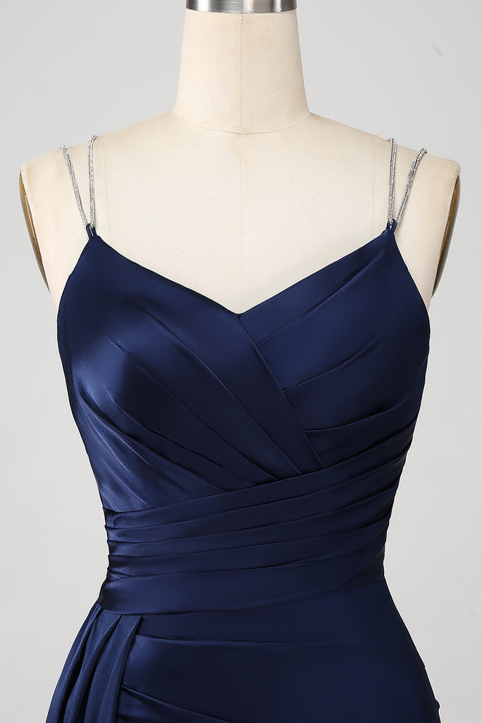 Navy Mermaid Spaghetti Straps Pleated Corset Maxi Dress With Slit