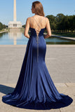 Navy Mermaid Spaghetti Straps Pleated Corset Long Prom Dress With Slit