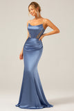 Mermaid Grey Blue Satin Spaghetti Straps Pleated Bridesmaid Dress