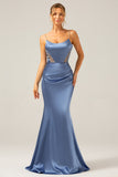 Mermaid Grey Blue Satin Spaghetti Straps Pleated Bridesmaid Dress