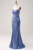 Mermaid Grey Blue Satin Spaghetti Straps Long Prom Dress