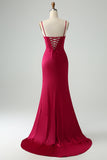 Burgundy Mermaid Spaghetti Straps Corset Long Prom Dress with Slit
