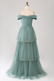 Grey Green A Line Off the Shoulder Tiered Tulle A Line Prom Dress