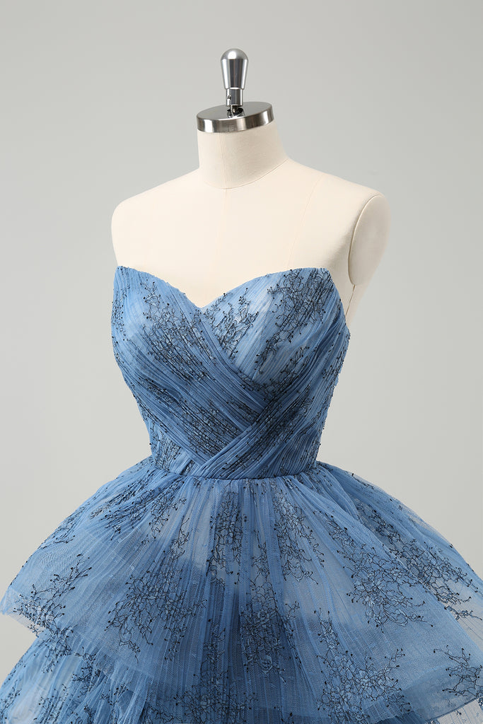 Grey Blue Long Prom Dress With Embroidery