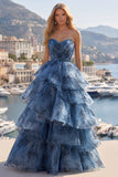 Grey Blue A-Line Embroidery Strapless Tiered Long Prom Dress