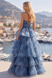 Grey Blue A-Line Embroidery Strapless Tiered Long Prom Dress
