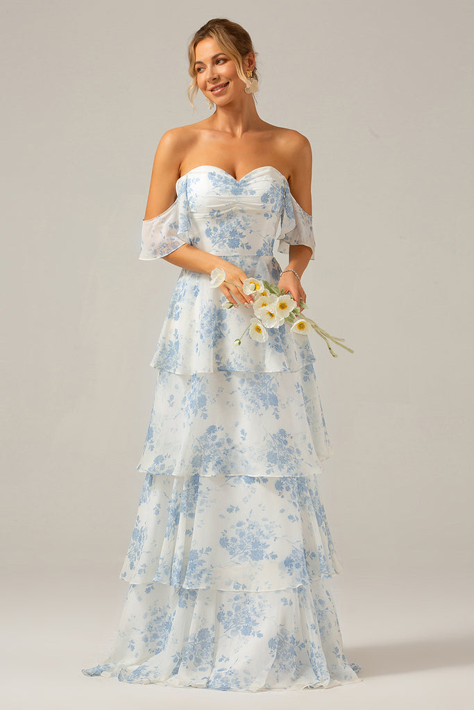 Zapaka Women White Blue Floral Boho Chiffon Ruffled Long Bridesmaid