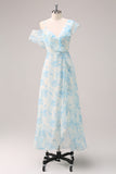 Stylish A-Line White Blue Flower Chiffon Bridesmaid Dress with Slit