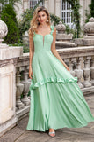 Green A Line Off The Shoulder Corset Maxi Bridesmaid Dress With Ruffles