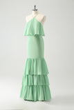 Green Tiered Chiffon Mermaid Halter Tiered Wedding Guest Dress