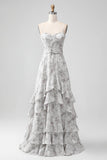 White Brown Flower A Line Spaghetti Straps Bridesmaid Dress With Ruffles