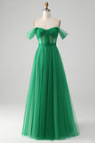 Dark Green A Line Off The Shoulder Corset Long Prom Dress