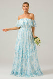 White Blue Floral Off The Shoulder Boho Long Bridesmaid Dress with Ruffles