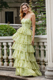 Green Flower A Line Spaghetti Straps Tiered Long Prom Dress With Ruffles