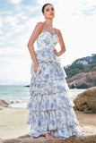 White Blue Flower A-Line Tiered Long Bridesmaid Dress With Ruffles