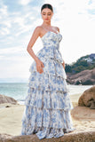 White Blue Flower A-Line Tiered Long Bridesmaid Dress With Ruffles