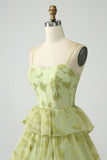 Green Flower A Line Spaghetti Straps Long Prom Dress With Ruffles